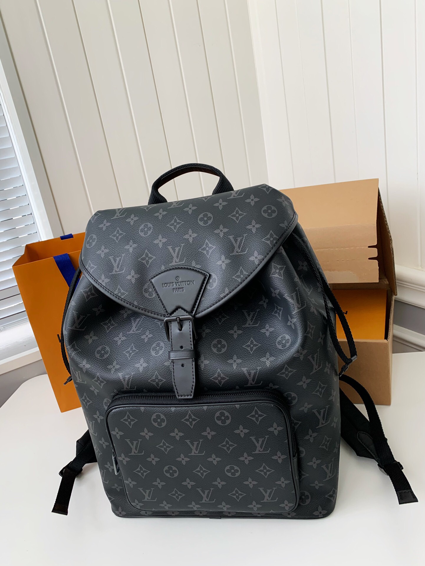 L*V's New MONTSOURIS Men's Black Flower Backpack M45583, Top Quality Size: 32 * 40 * 19cm